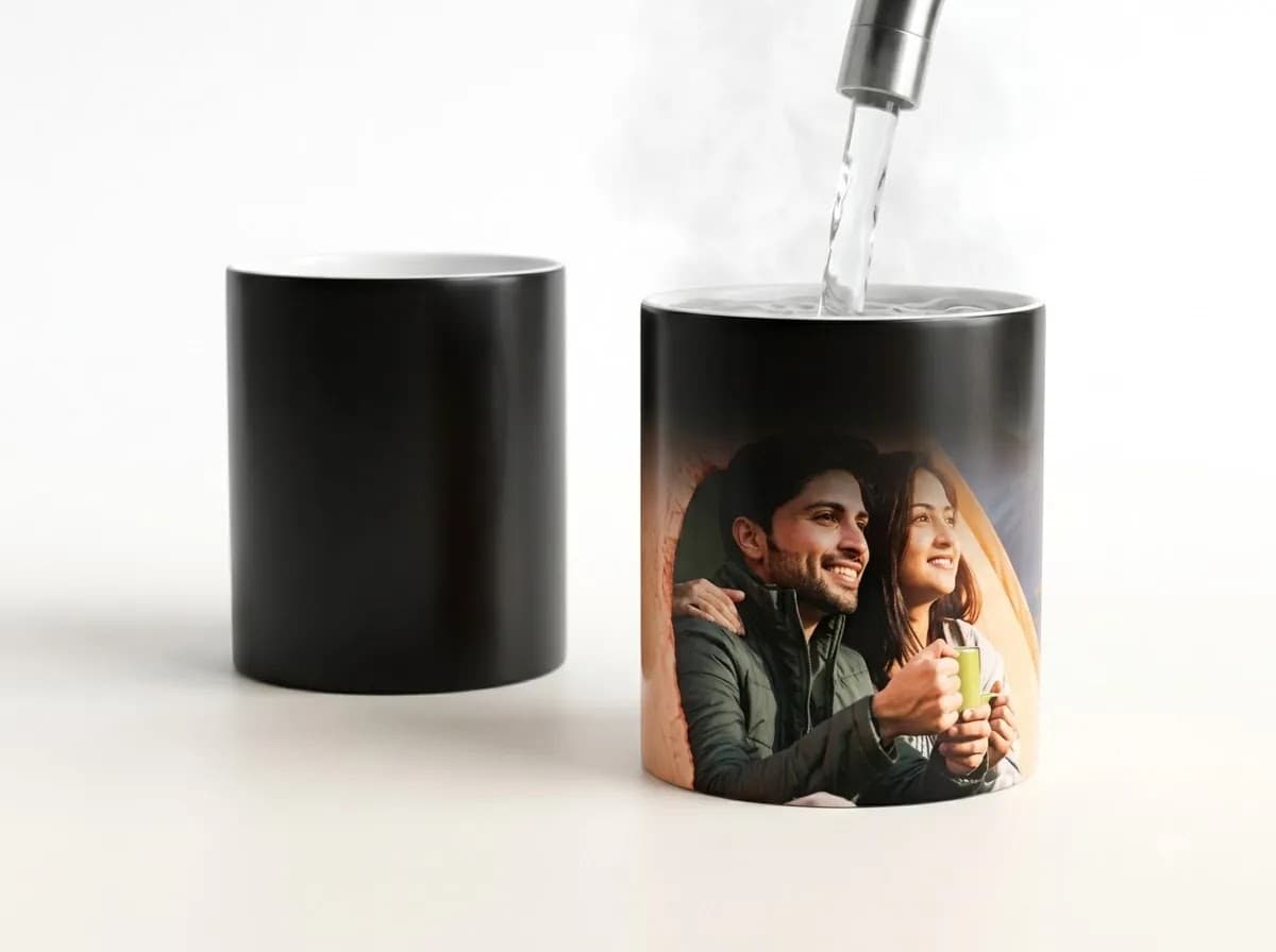 Personalized magic mug with heat reveal photo design